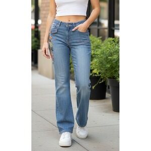 Microo Women's Floral Embroidered Flared Denim Jeans Bird Rhinestone Y2K Size 28